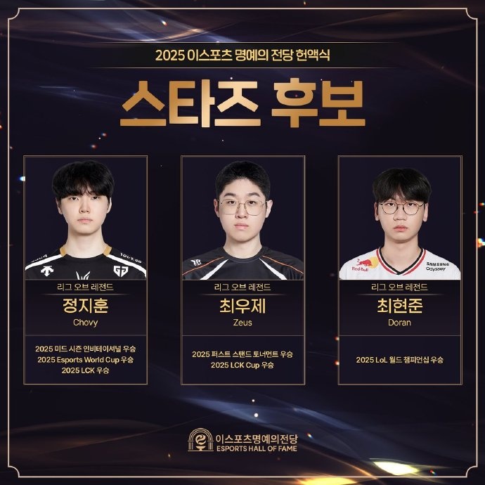 KESPA 2025电子竞技名人堂票选：Ruler Faker Gumayusi等选手入选